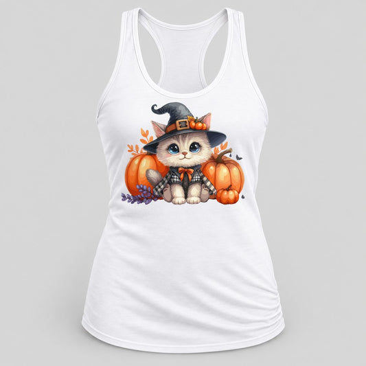 Witch Kitty Pumpkins racerback tank in White