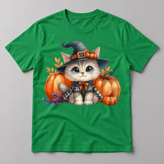 Witch Kitty Pumpkins tee in Kelly Green