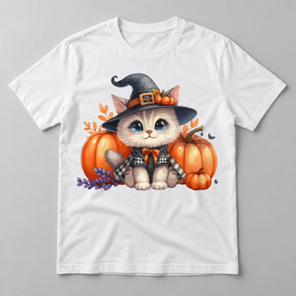 Witch Kitty Pumpkins tee in White