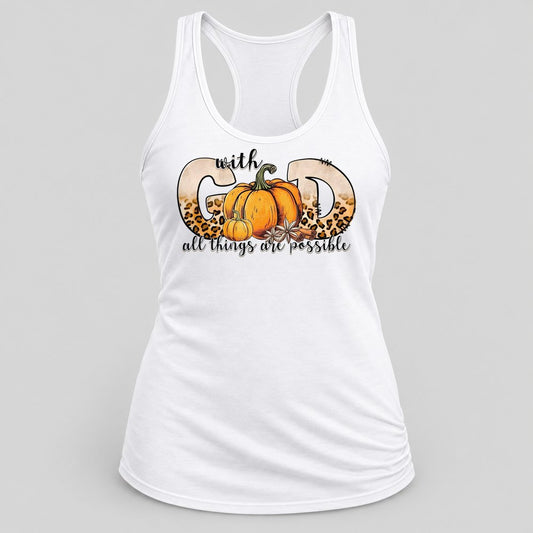 With God All Things Are Possible Pumpkin racerback tank in White