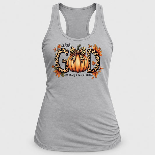 With God Leopard Bow Pumpkin racerback tank in Silver