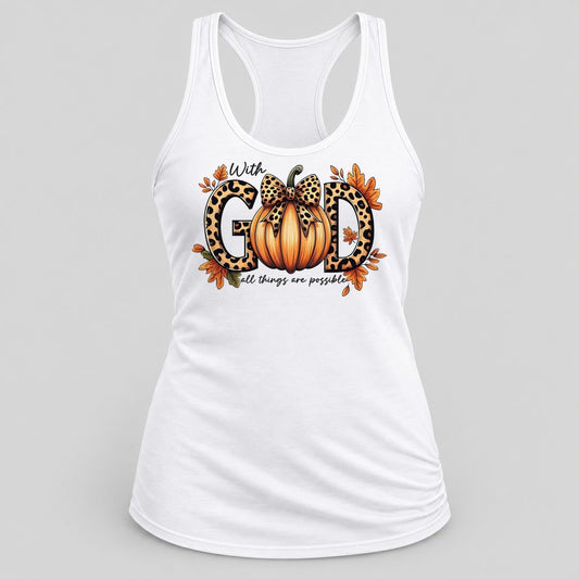 With God Leopard Bow Pumpkin racerback tank in White