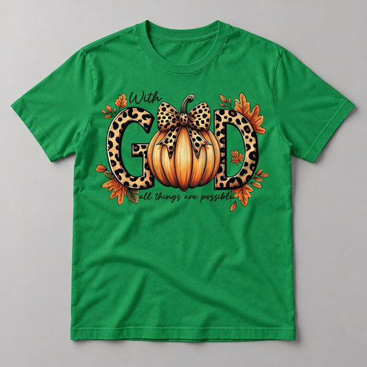 With God Leopard Bow Pumpkin tee in Kelly Green