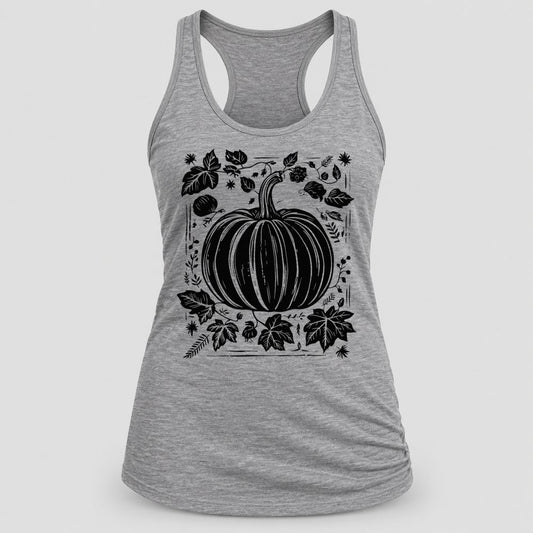 Woodcut Pumpkin Black racerback tank in Heather Grey