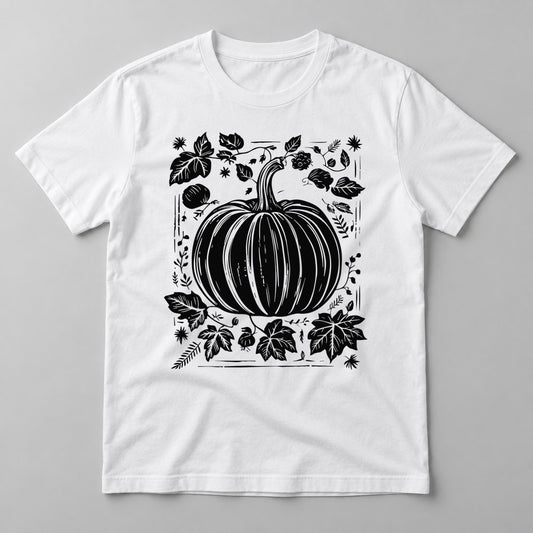 Woodcut Pumpkin Black pressed on a White tee