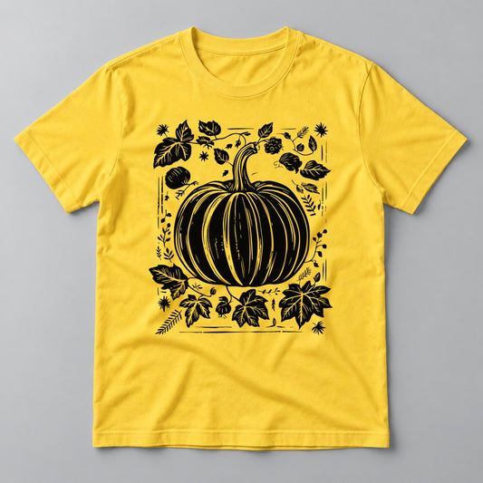 Woodcut Pumpkin Black tee in Yellow