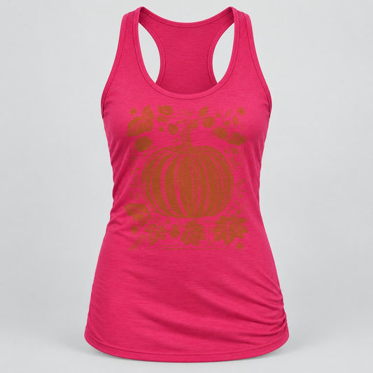 Woodcut Pumpkin Rust racerback tank in Raspberry