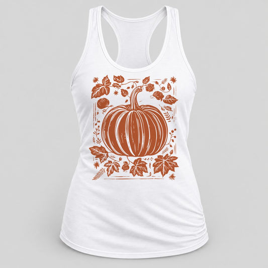 Woodcut Pumpkin Rust racerback tank in White