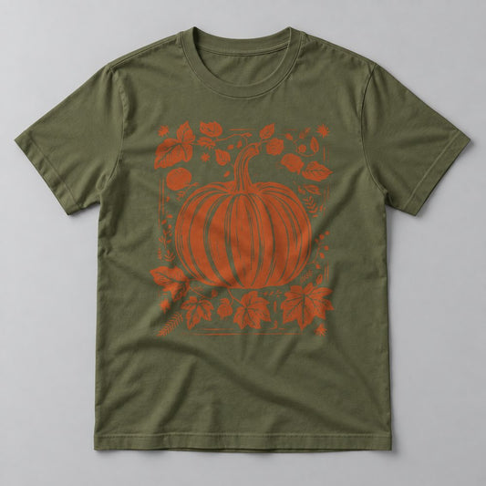 Woodcut Pumpkin Rust tee in Military Green
