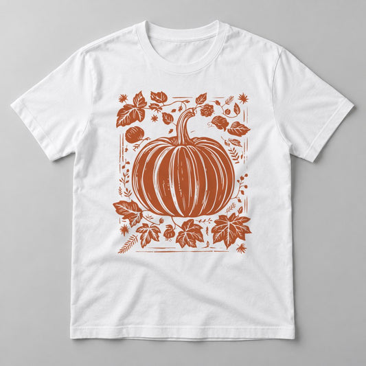 Woodcut Pumpkin Rust pressed on a White tee