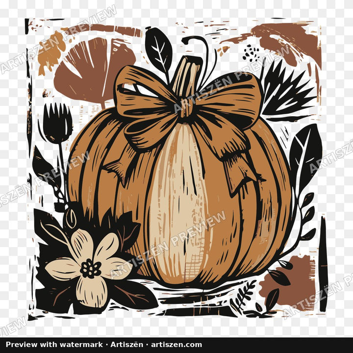 Woodcut Pumpkin with Bow PNG preview