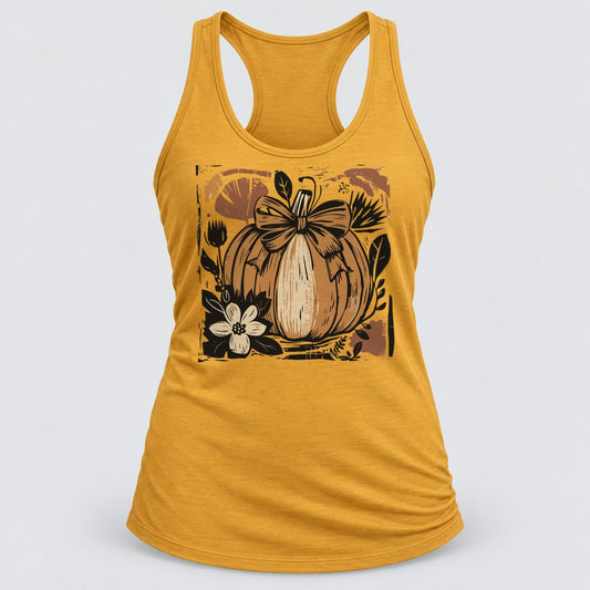 Woodcut Pumpkin with Bow racerback tank in Antique Gold