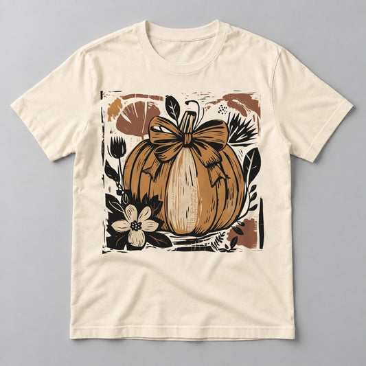 Woodcut Pumpkin with Bow tee in Natural