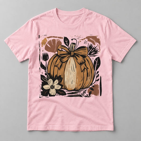 Woodcut Pumpkin with Bow tee in Soft Pink