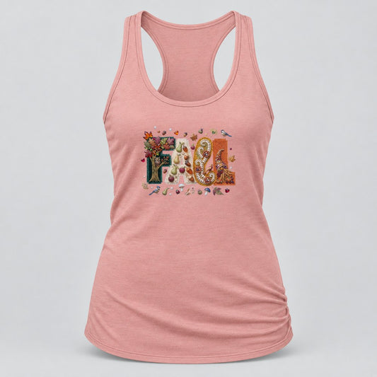 Woodland Jewel Fall Letters racerback tank in Desert Pink