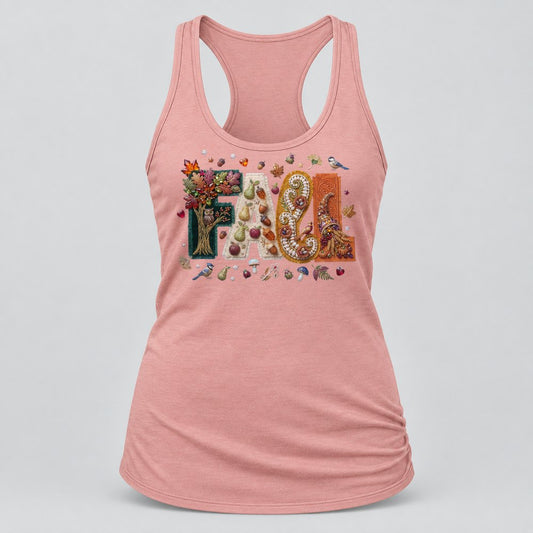 Woodland Jewel Fall Letters racerback tank in Desert Pink