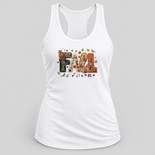 Woodland Jewel Fall Letters racerback tank in White