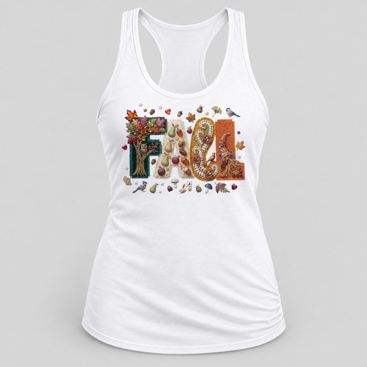 Woodland Jewel Fall Letters racerback tank in White