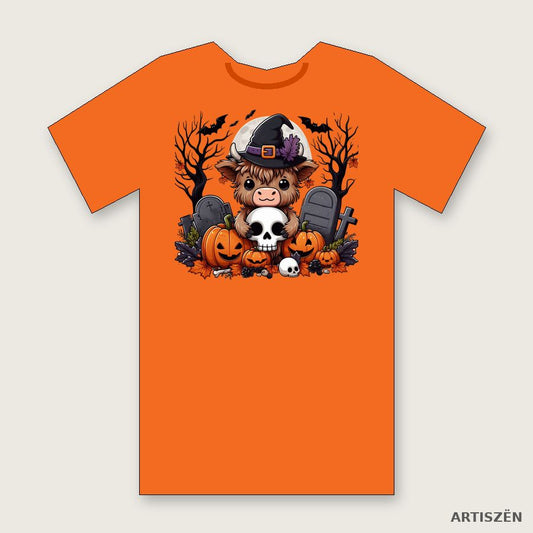 Witchy Highland Cow: Dead Trees tee in Orange