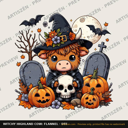 Witchy Highland Cow: Flannel DTF transfer preview