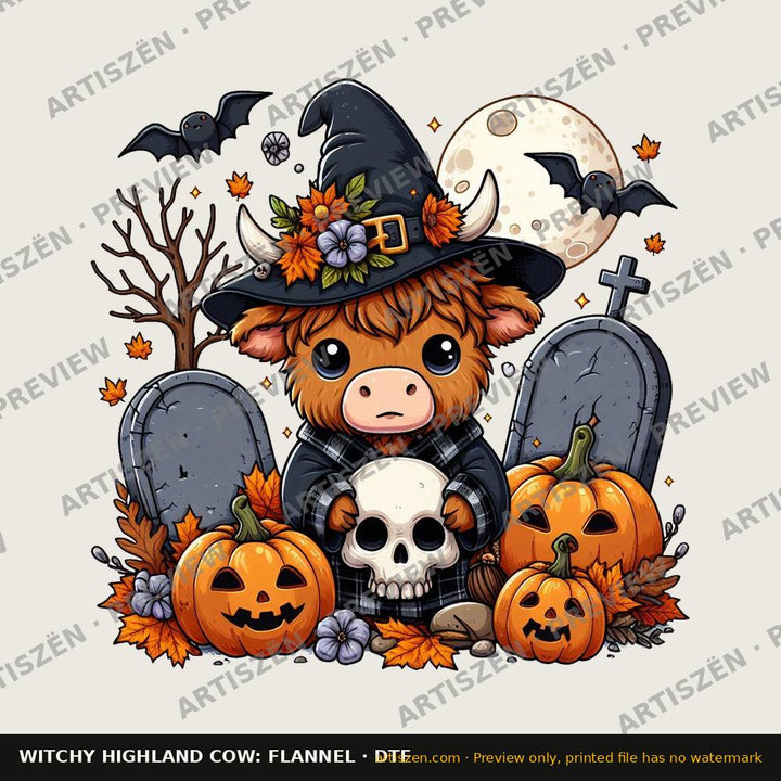 Witchy Highland Cow: Flannel DTF transfer preview