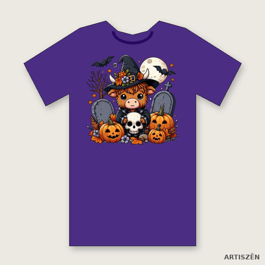 Witchy Highland Cow: Flannel tee in Team Purple