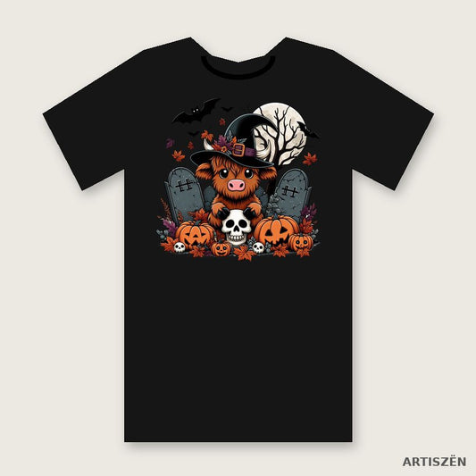 Witchy Highland Cow: Graveyard tee in Black