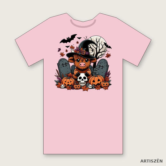 Witchy Highland Cow: Graveyard tee in Soft Pink