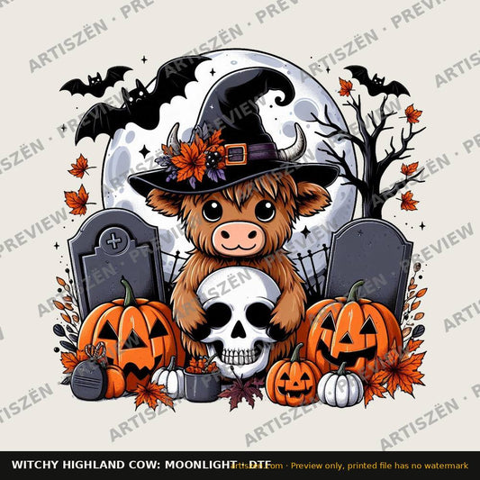 Witchy Highland Cow: Moonlight DTF transfer preview
