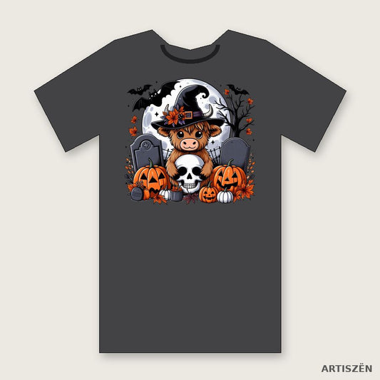 Witchy Highland Cow: Moonlight tee in Dark Grey Heather