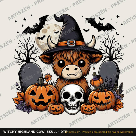 Witchy Highland Cow: Skull DTF transfer preview