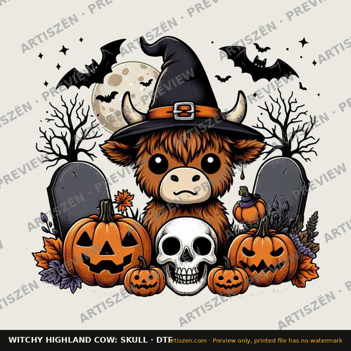 Witchy Highland Cow: Skull DTF transfer preview