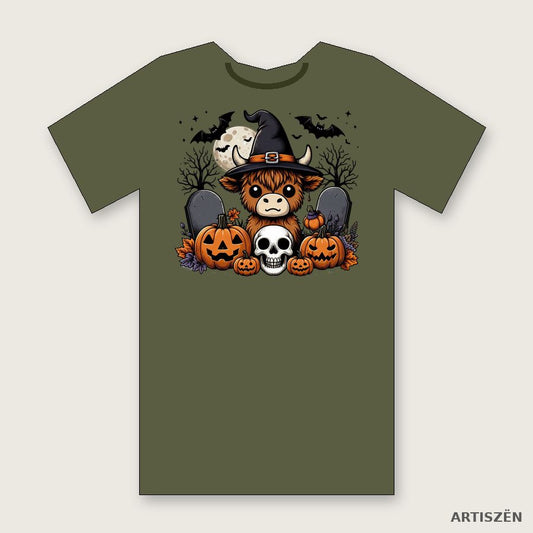 Witchy Highland Cow: Skull tee in Military Green