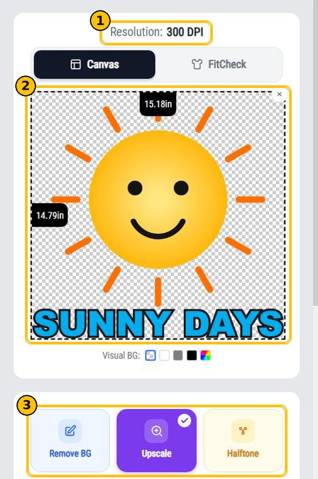 Uploaded design with its resolution, size in inches and the Remove BG, Upscale and Halftone tools