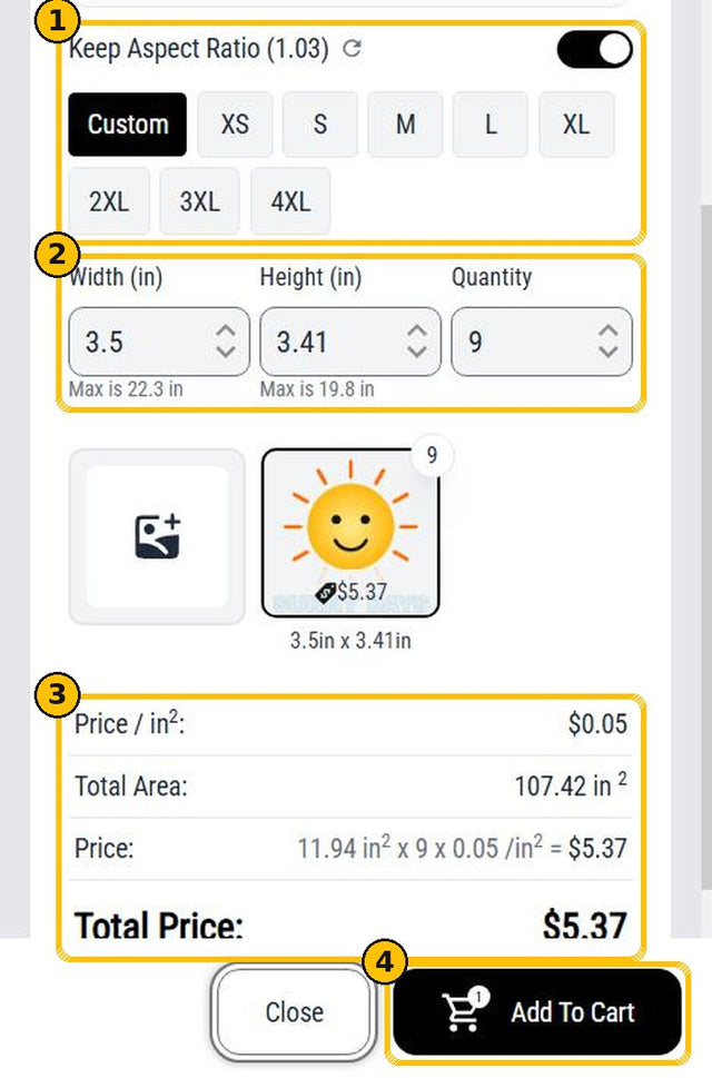 Size presets, width, height, quantity and the price breakdown