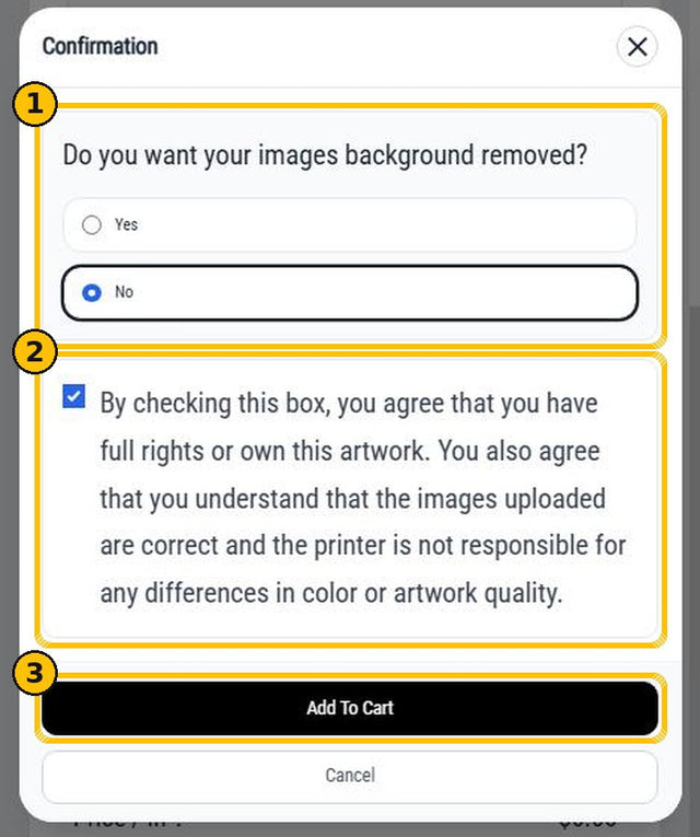 Confirmation window: background removal, artwork rights checkbox and Add To Cart
