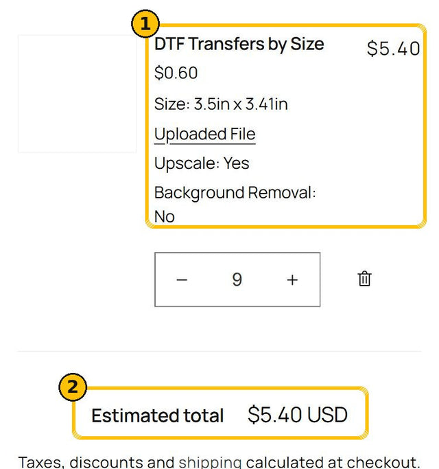 Cart with the transfer size, options and estimated total