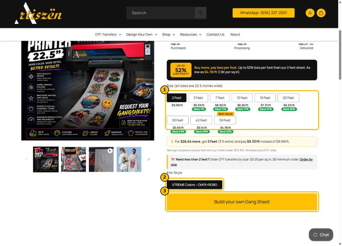 Build a DTF Gang Sheet page: size options, film style and the Build your own Gang Sheet button