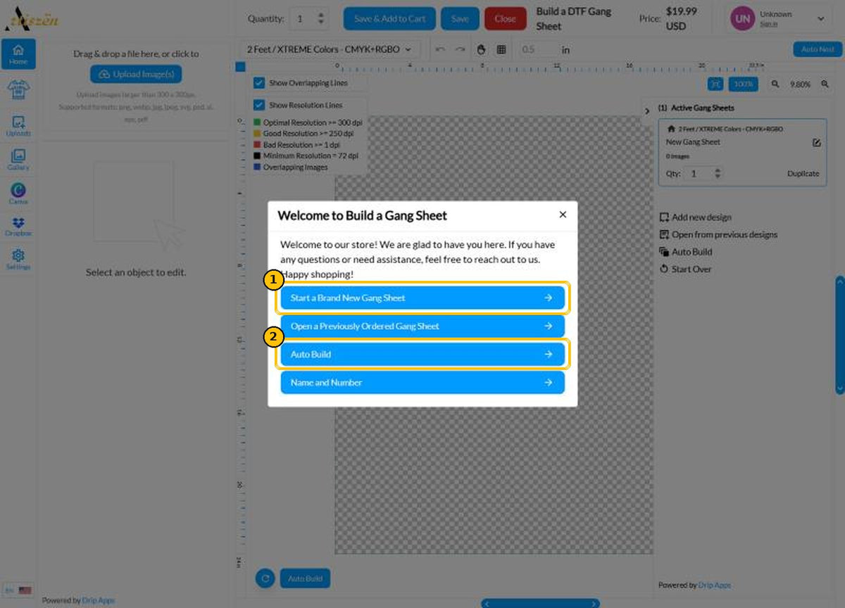 Welcome to Build a Gang Sheet window