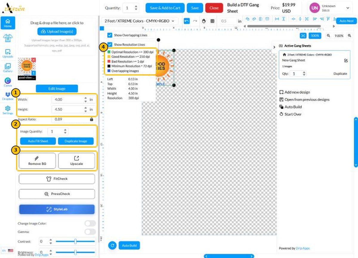 Design settings panel: width, height, image quantity, duplicate, remove background and upscale
