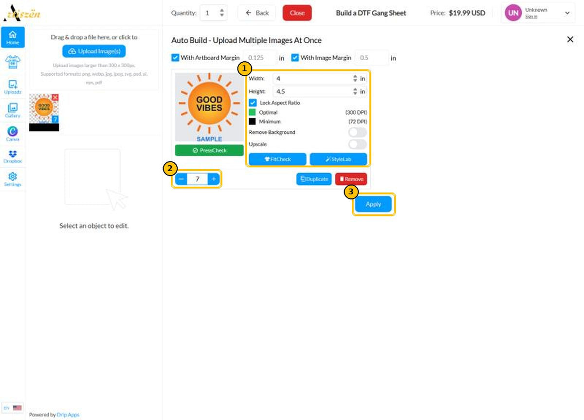 Auto Build screen with size, quantity and Apply